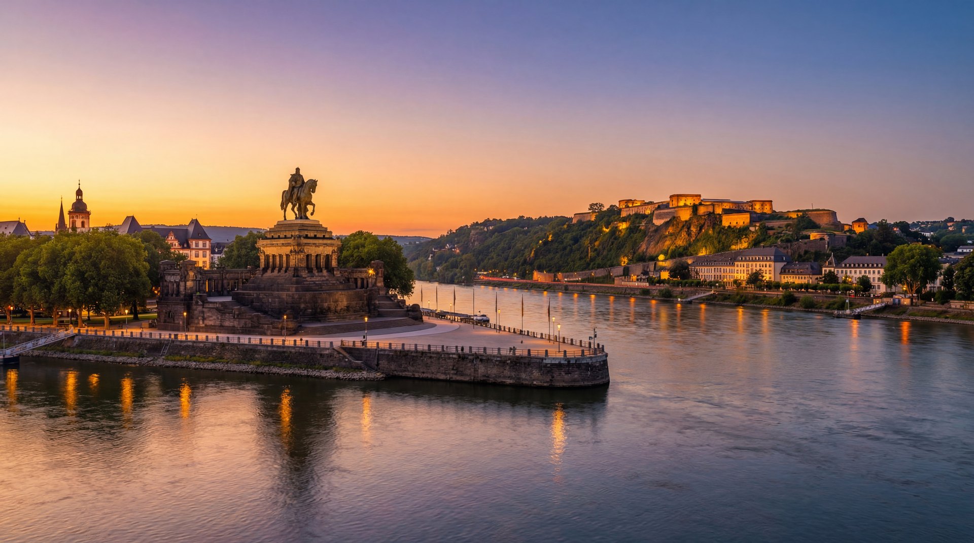 Das Deutsche Eck in Koblenz mit Blick auf die Festung Ehrenbreitstein im Abendlicht.